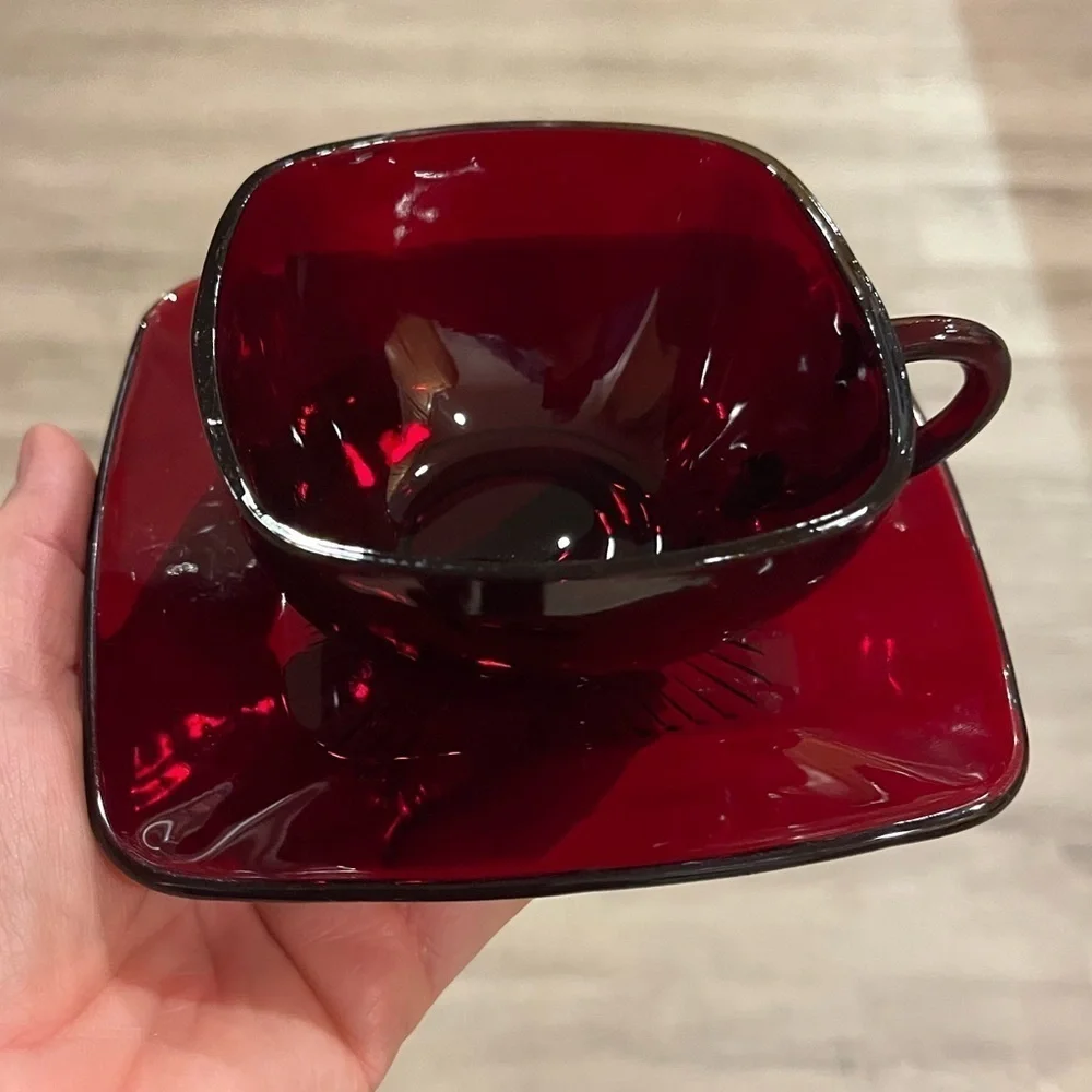Anchor Hocking Royal Ruby Red Charm Square Tea Cup and Saucer Vintage